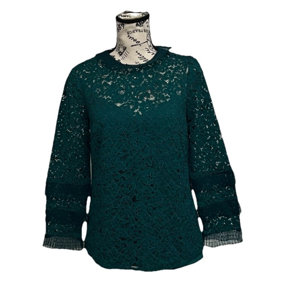 J Crew AU229 Green Lace Blouse Ruffle Lined Crochet Coquette Cottegecore Boho M - Picture 2 of 8